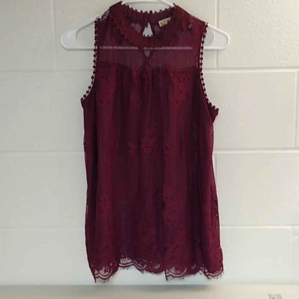 LACE, LINED, KEY HOLE, FEMININE BLOUSE, BURGUNDY TRENDING - Picture 7 of 7